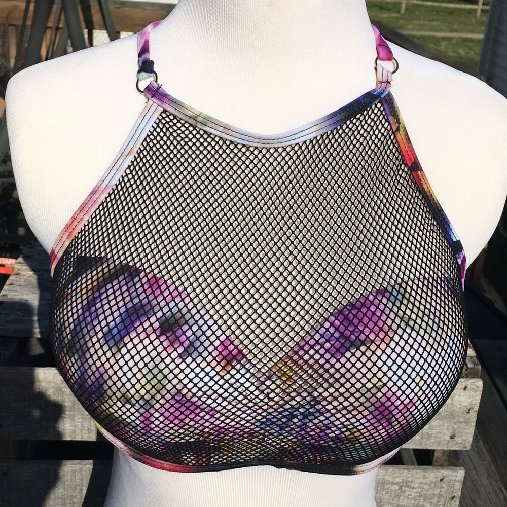 - TiniBikini XL Purple Abstract Mesh Overlay Halter Swim Top! NEW!